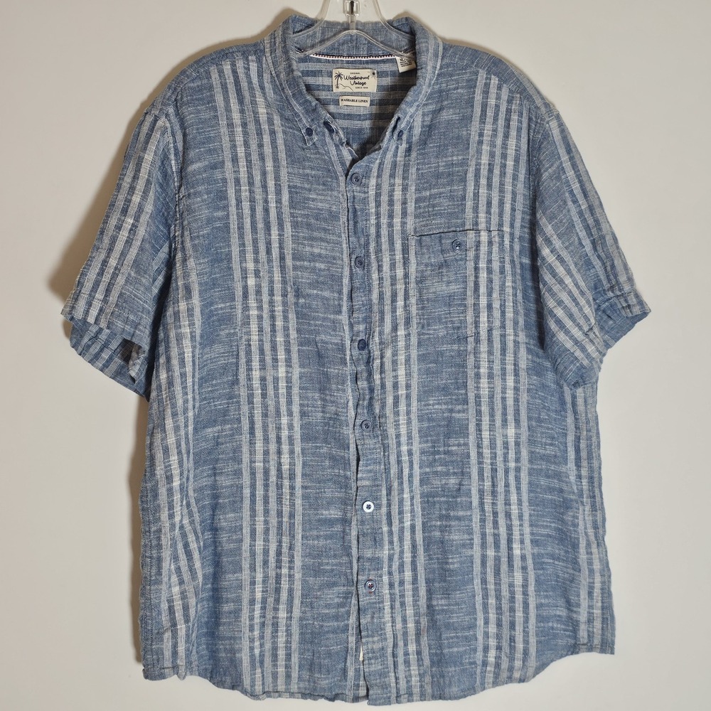 Weatherproof Vintage Shirt Mens XL Blue White Washable Linen Cotton Blend Beach